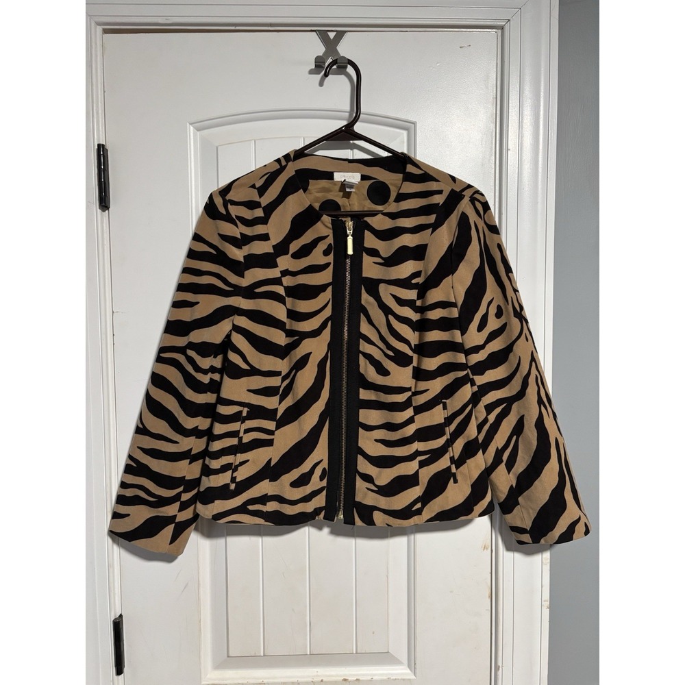 Chico's Women's Jacket Size 1 Black And Brown Animal Print Zip Suede Feel
